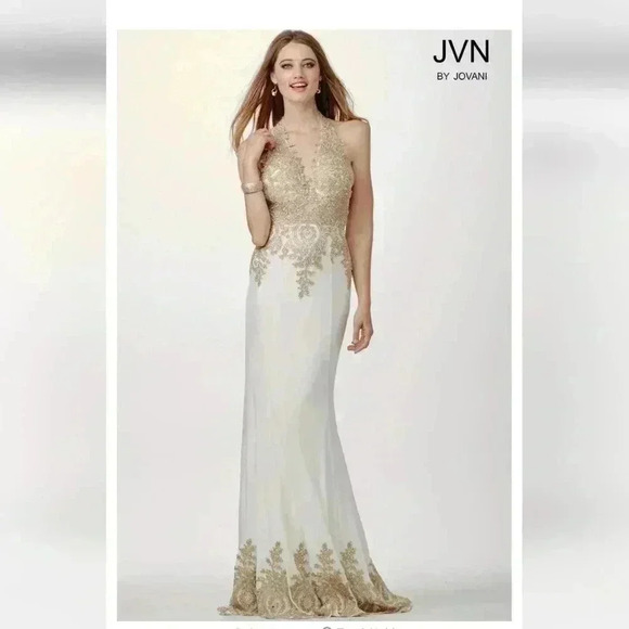 JVN by Jovani Beaded Halter Gown